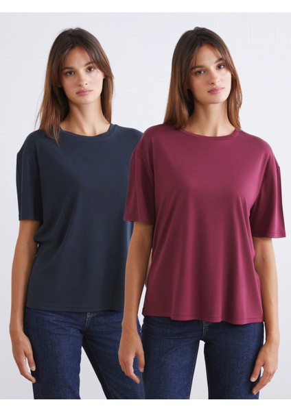 Bisiklet Yaka Modal Karışımlı Kadın Tişört 2'li