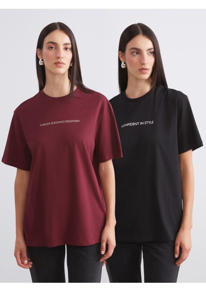 Bisiklet Yaka Baskılı Oversize Kadın Tişört 2'li