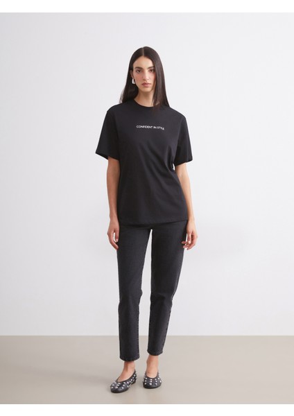 Bisiklet Yaka Baskılı Oversize Kadın Tişört 2'li fırsatları