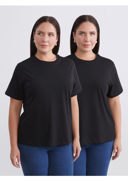 Büyük Beden Bisiklet Yaka Kadın Tişört 2'li