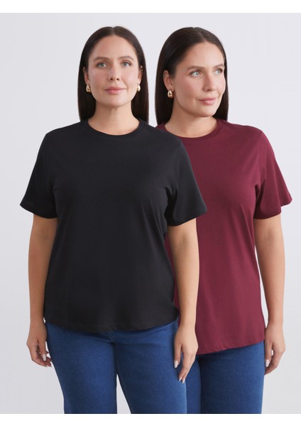 Büyük Beden Bisiklet Yaka Kadın Tişört 2'li