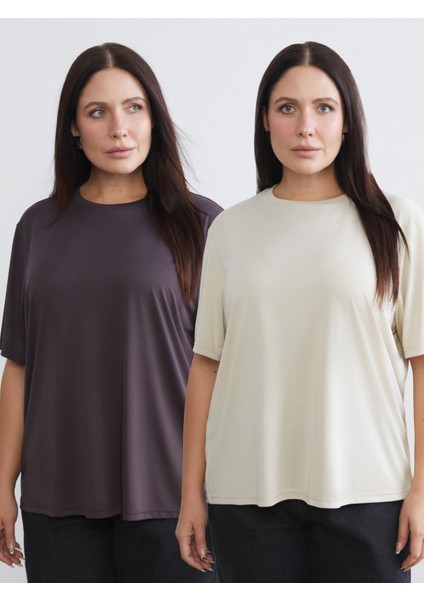 Büyük Beden Bisiklet Yaka Kadın Tişört 2'li