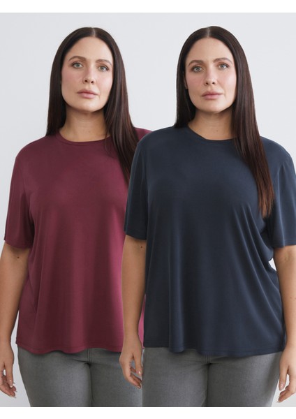 Büyük Beden Bisiklet Yaka Kadın Tişört 2'li