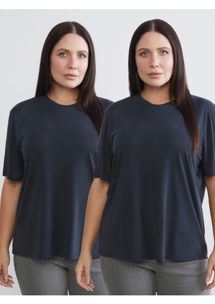 Büyük Beden Bisiklet Yaka Kadın Tişört 2'li