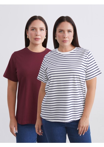 Büyük Beden Çizgili Kadın Tişört 2'li