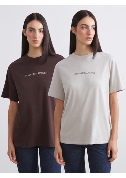 Bisiklet Yaka Baskılı Oversize Kadın Tişört 2'li