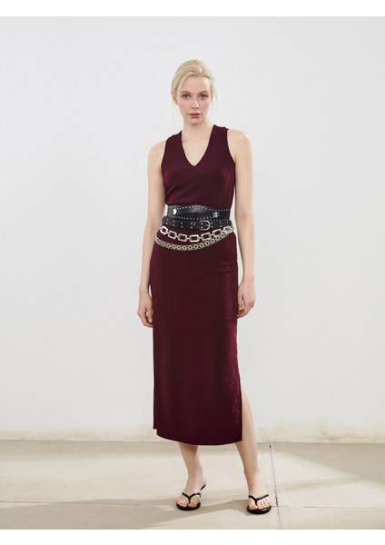 V Yaka Dokulu Kuşaklı Elbise fiyatları