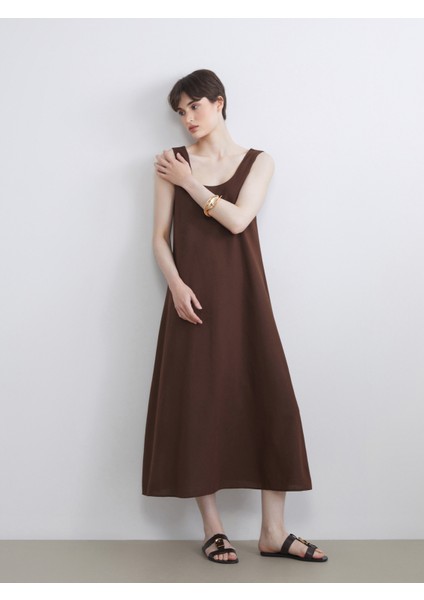 U Yaka A Kesim Keten Karışımlı Elbise