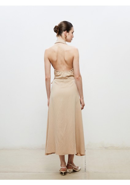 Halter Yaka Kuşaklı Saten Elbise indirimleri