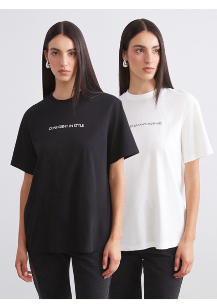 Bisiklet Yaka Baskılı Oversize Kadın Tişört 2'li
