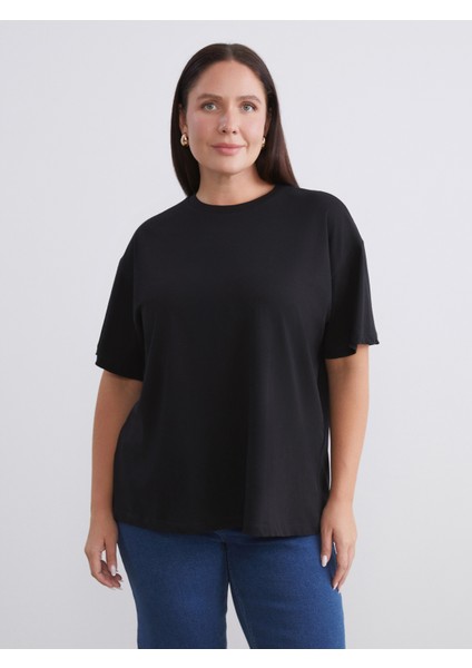 Büyük Beden Bisiklet Yaka Oversize Kadın Tişört