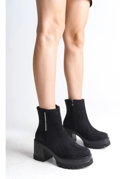Lısse Fermuarlı Ortopedik Taban Kalın Topuklu Süet Kadın Bot Sst - Siyah