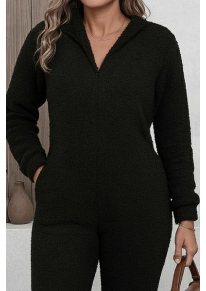 Kadın Uzun Kollu Kapüşonlu Tavşan Kulak Detaylı Peluş Tulum fiyatları