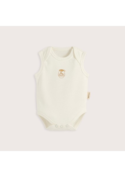 Happy Bee Basklı Kolsuz Body Ekru