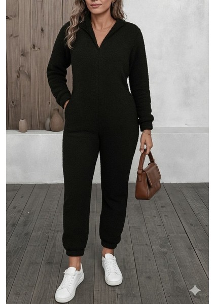 Kadın Uzun Kollu Kapüşonlu Tavşan Kulak Detaylı Peluş Tulum