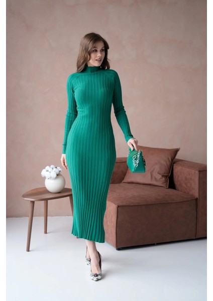 Kadın Elbise Dik Yaka Triko Midi Boy Elbise Zümrüt - 10262 fiyatları