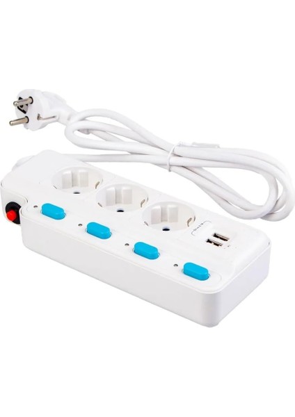 Akım Korumalı 2500W 10 Amper 3 Lü Priz 1.5 Metre Uzatma Kablosu Çoklu Priz 2 USB Çocuk Korumalı