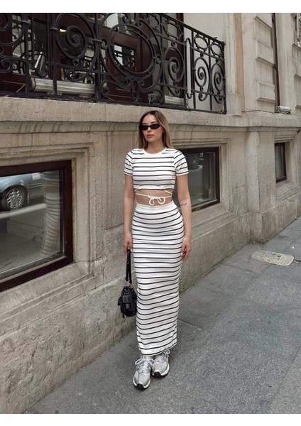 Mtxdpn Çizgili Etekli Takım Beyaz S3609 (Beden: S)