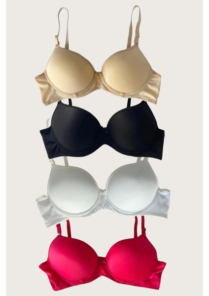 Siyah-Beyaz-Kırmızı-Ten 4'lü Dolgulu Push Up Micro Balenli Günlük Tek Destekli Sütyen
