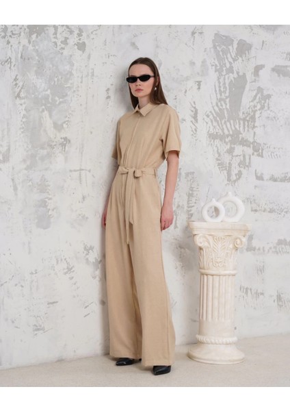 Mtxdpn Kuşaklı Gömlek Yaka Salaş Tulum Bej S255822 (Beden: M) modelleri
