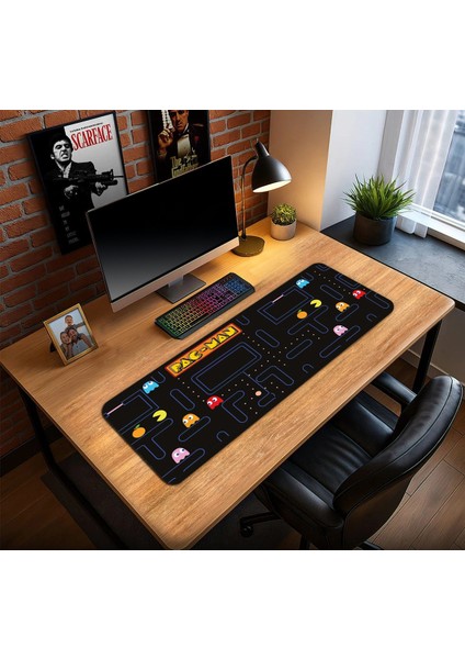 Pac-Man Görünümülü Oyun Gaming Klavye Mouse Pad Kaymaz Taban Kenarları Dikişli Masa Matı 70X30 cm