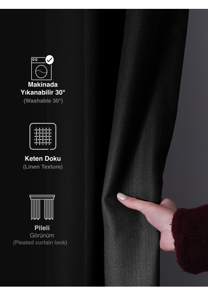 1/2 Pileli Keten Dokulu Siyah Modern Fon Perde – Ütü Gerektirmez fırsatları