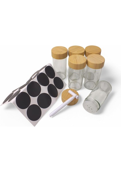 6&apos;lı Etiketli ve Beyaz Cam Kavanozlar, Baharatlarınızı Ayırabileceğiniz Etiket, ve 6 Adet Cam (Yuvarlak) 6 Adet, 6&apos;lı Set