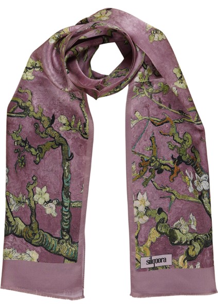 %100 Ipek Şal Fular Da (27C135 Cm)-Vincent Van Gogh (Badem Ağacı Mürdüm)