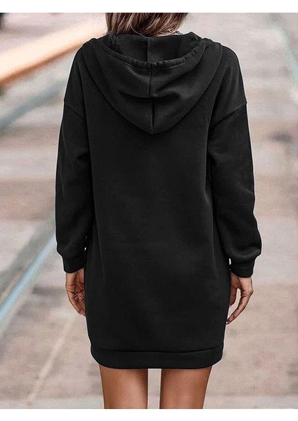 Kadın Uzun Kollu Kapşonlu Bağcıklı Önden Düğmeli ve Cepli Iki Iplik Şardonlu Elbise modelleri