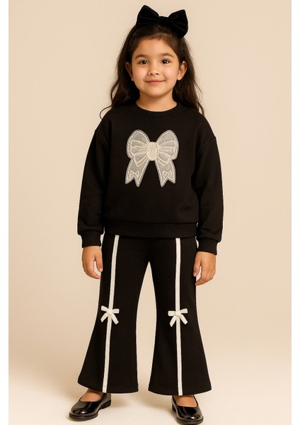 Kız Çocuk Günlük Eşofman Takımı/ Kız Çocuk Kurdele Detaylı Ikili Takım Sweatshirt+ Pantolon 6-10 Yaş