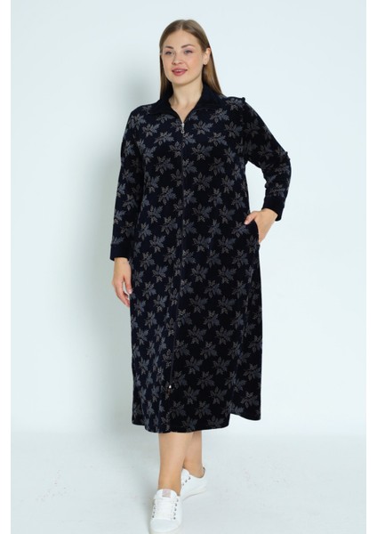 Desenli Lacivert Fermuarlı Uzun Kollu Pamuklu Kadife Uzun Kadın Büyük Beden Elbise