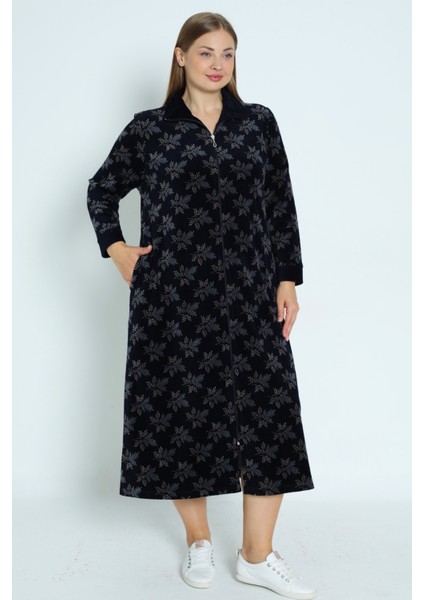Desenli Lacivert Fermuarlı Uzun Kollu Pamuklu Kadife Uzun Kadın Büyük Beden Elbise fiyatları
