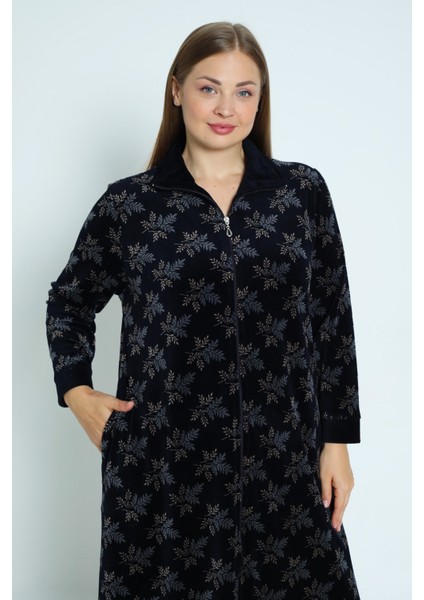 Desenli Lacivert Fermuarlı Uzun Kollu Pamuklu Kadife Uzun Kadın Büyük Beden Elbise modelleri