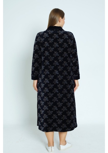 Desenli Lacivert Fermuarlı Uzun Kollu Pamuklu Kadife Uzun Kadın Büyük Beden Elbise fırsatları