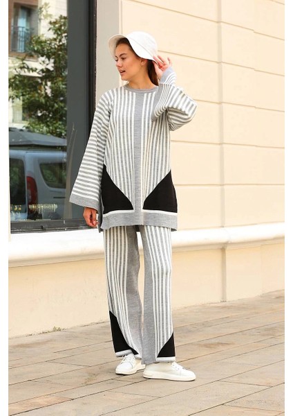 Mtxdpn Çizgili Bisiklet Yaka Triko Takım Gri (Beden: Standart) fiyatları