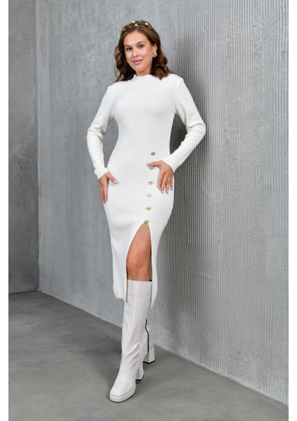 Kadın Elbise Dik Yaka Yırtmaçlı Eteği Düğmeli Elbise Kemik - 10581