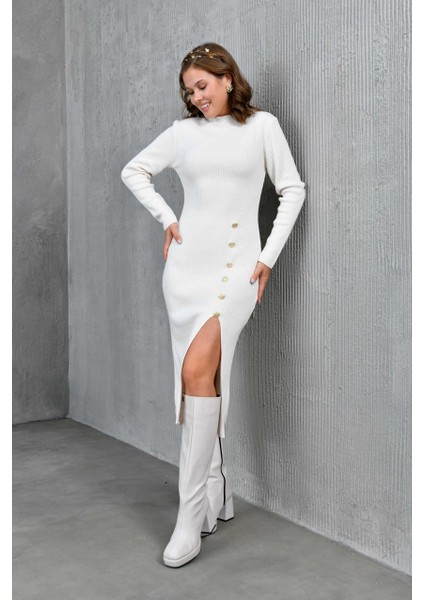 Kadın Elbise Dik Yaka Yırtmaçlı Eteği Düğmeli Elbise Kemik - 10581 modelleri