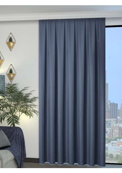 1/2 Pileli Keten Dokulu Indigo Modern Fon Perde – Ütü Gerektirmez