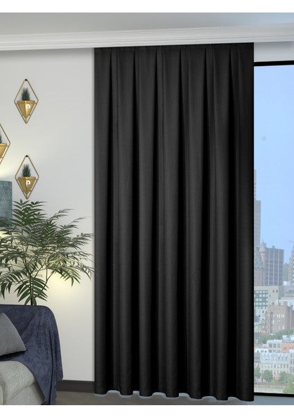 1/2 Pileli Keten Dokulu Siyah Modern Fon Perde – Ütü Gerektirmez