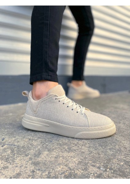 JY204 Flex Bağcıklı Keten Kumaş Erkek Günlük Sneaker Ayakkabı Kkt - Krem