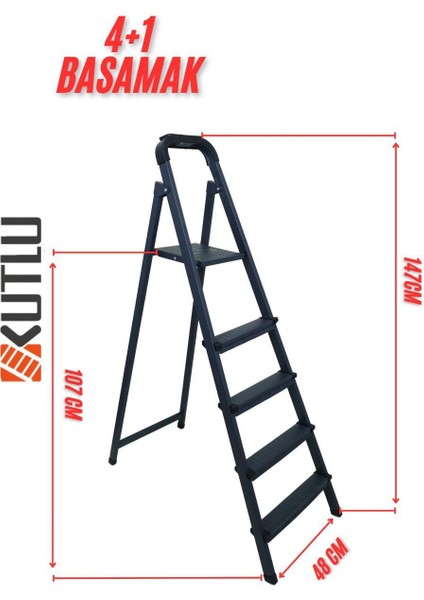 4+1 Basamaklı Katlanır Sac Merdiven – Dayanıklı Çelik Gövde, Kaymaz Basamaklı, Ev ve Iş Kullanımına Uygun