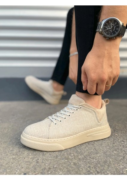 JY204 Flex Bağcıklı Keten Kumaş Erkek Günlük Sneaker Ayakkabı Kkt - Krem modelleri