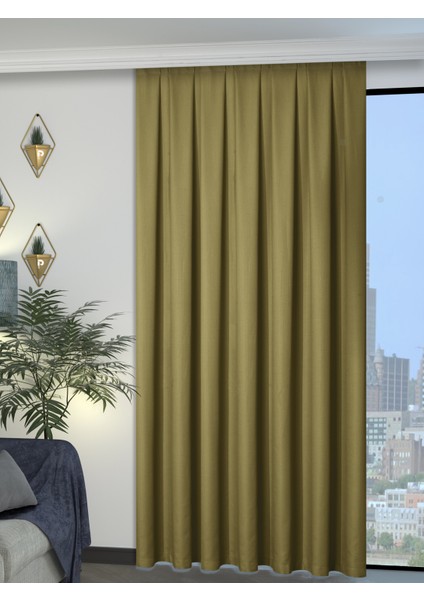 1/2 Pileli Keten Dokulu Yağ Yeşili Modern Fon Perde – Ütü Gerektirmez