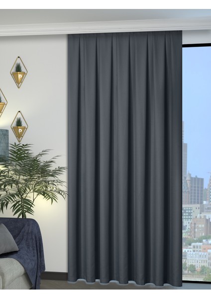 1/2 Pileli Keten Dokulu Koyu Gri Modern Fon Perde – Ütü Gerektirmez