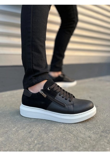 JY155 Warrior Bağcıklı ve Fermuarlı Cilt Süet Erkek Günlük Sneaker Ayakkabı Csbt - Siyah