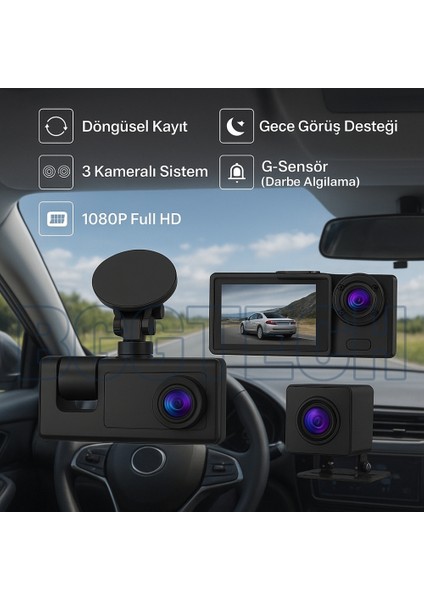 3 Kameralı Dashcam Araç Kamerası 1080P Full Hd, Wifi, G-Sensör, Döngüsel Kayıt, Gece Görüş C309