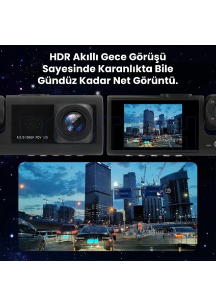 3 Kameralı Dashcam Araç Kamerası 1080P Full Hd, Wifi, G-Sensör, Döngüsel Kayıt, Gece Görüş C309