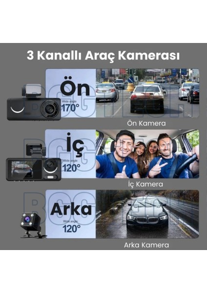 3 Kameralı Dashcam Araç Kamerası 1080P Full Hd, Wifi, G-Sensör, Döngüsel Kayıt, Gece Görüş C309