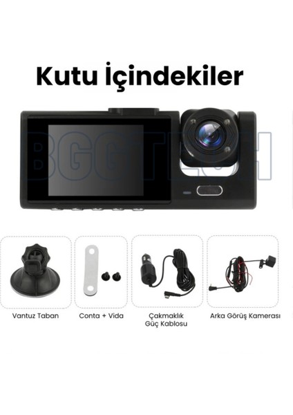 3 Kameralı Dashcam Araç Kamerası 1080P Full Hd, Wifi, G-Sensör, Döngüsel Kayıt, Gece Görüş C309