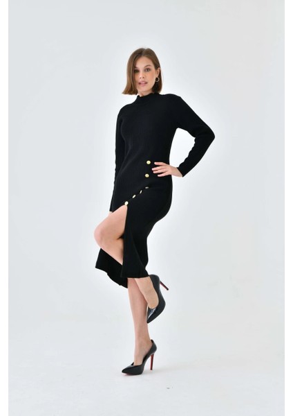 Kadın Elbise Dik Yaka Yırtmaçlı Eteği Düğmeli Elbise Siyah - 10581
